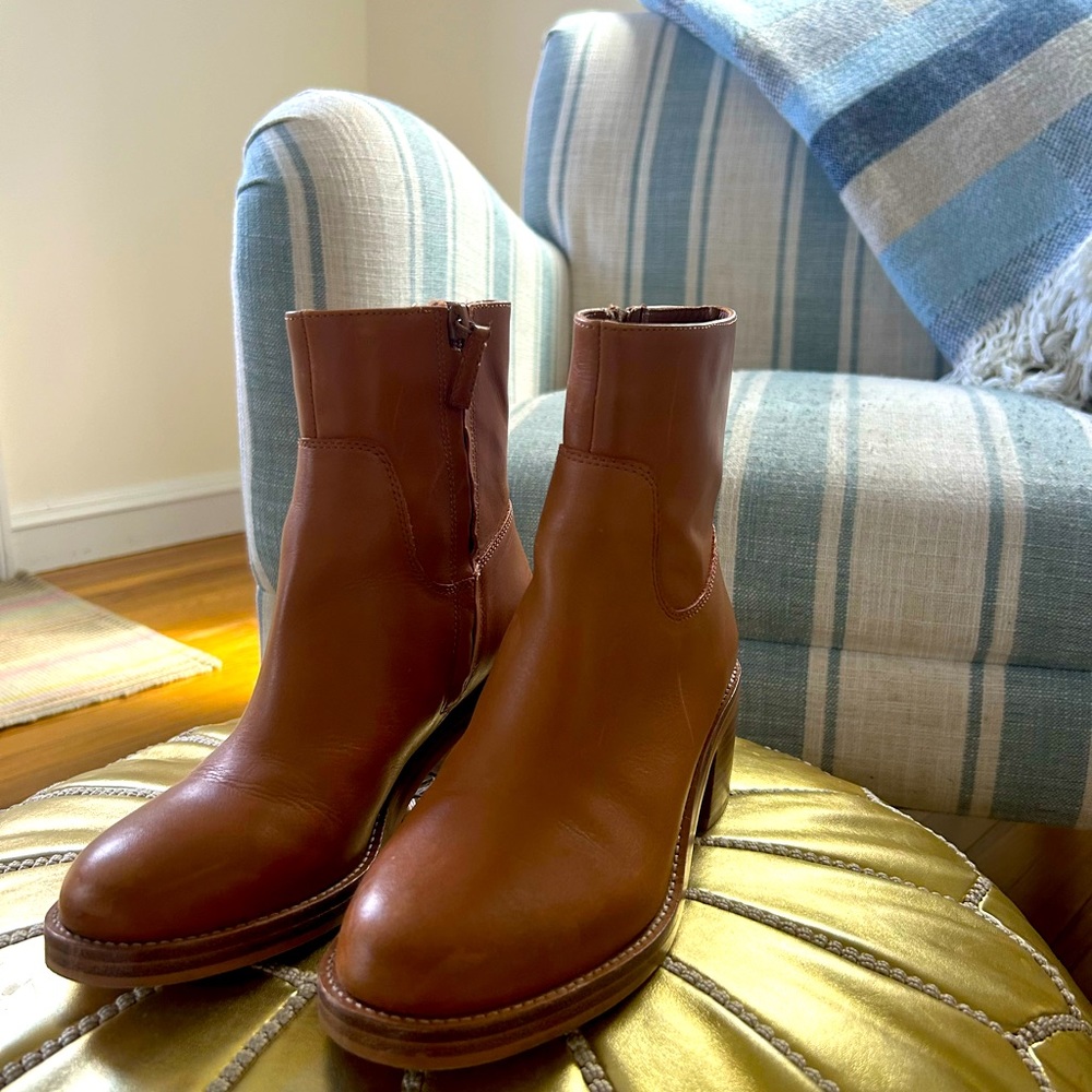 stacked-heel J Crew ankle boot in burnished sand.